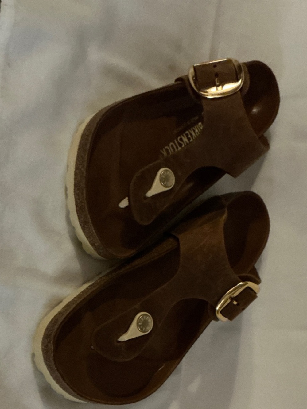 Birkenstock Brown Suede Thong Sandals with Gold Buckles